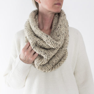 hand knit cowl on a model