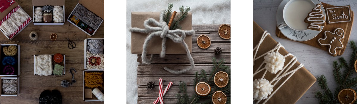 three images of Christmas gifts wrapped using yarn