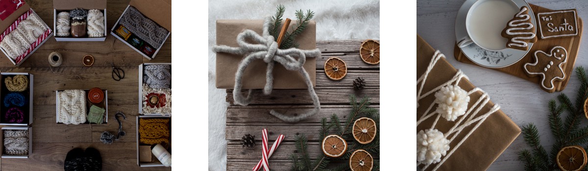 three images of Christmas gifts wrapped using yarn