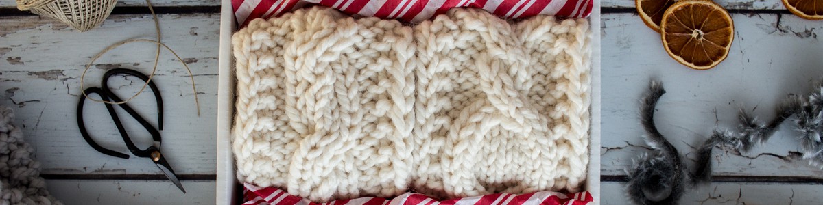 three images of Christmas gift sets with knitted items