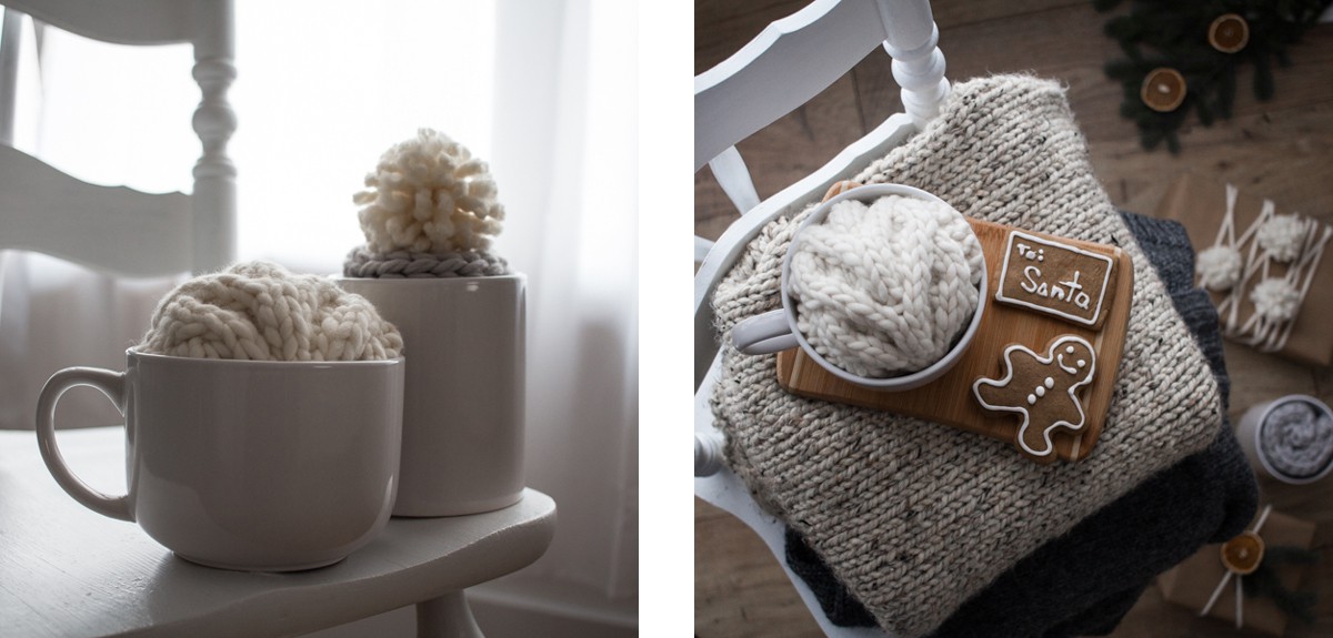 Christmas gifts of knitted headbands in large coffee mugs and cookies