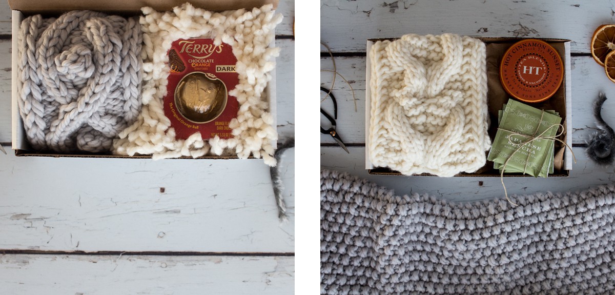 two images of Christmas gift sets with knitted items, chocolate and tea