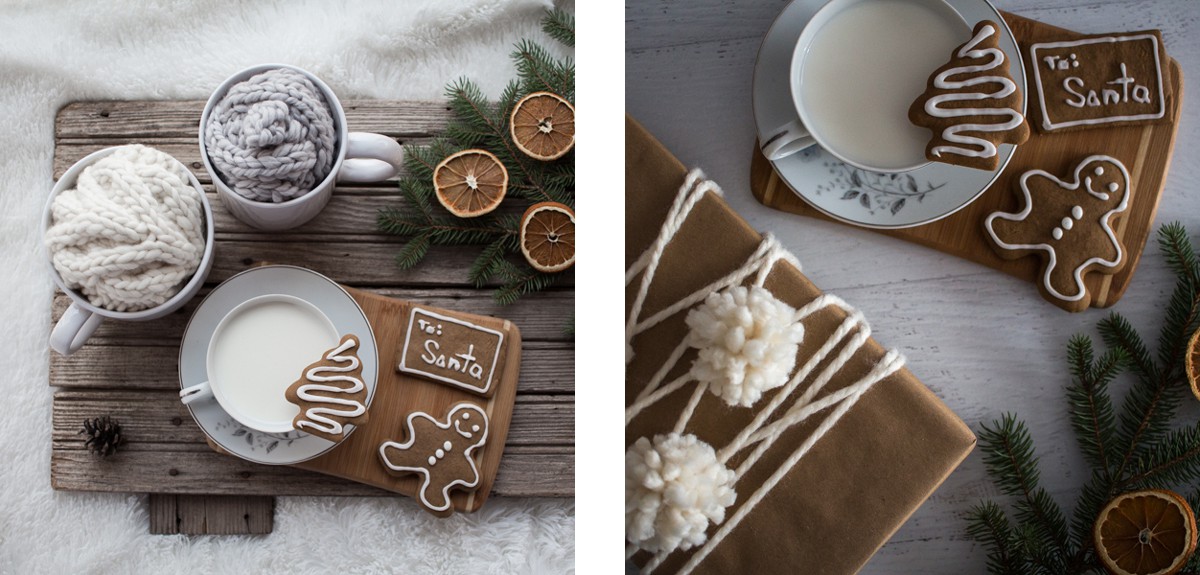 Christmas gifts of knitted headbands with cookies and glass of milk