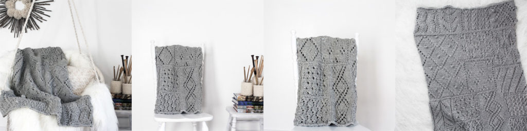 Multiple Pics of a Lace Knit Patchwork Throw Blanket