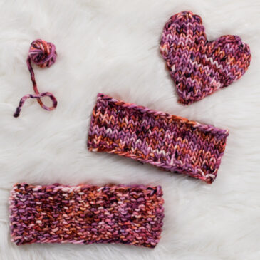 Reversible headband knitting pattern on a fur blanket.