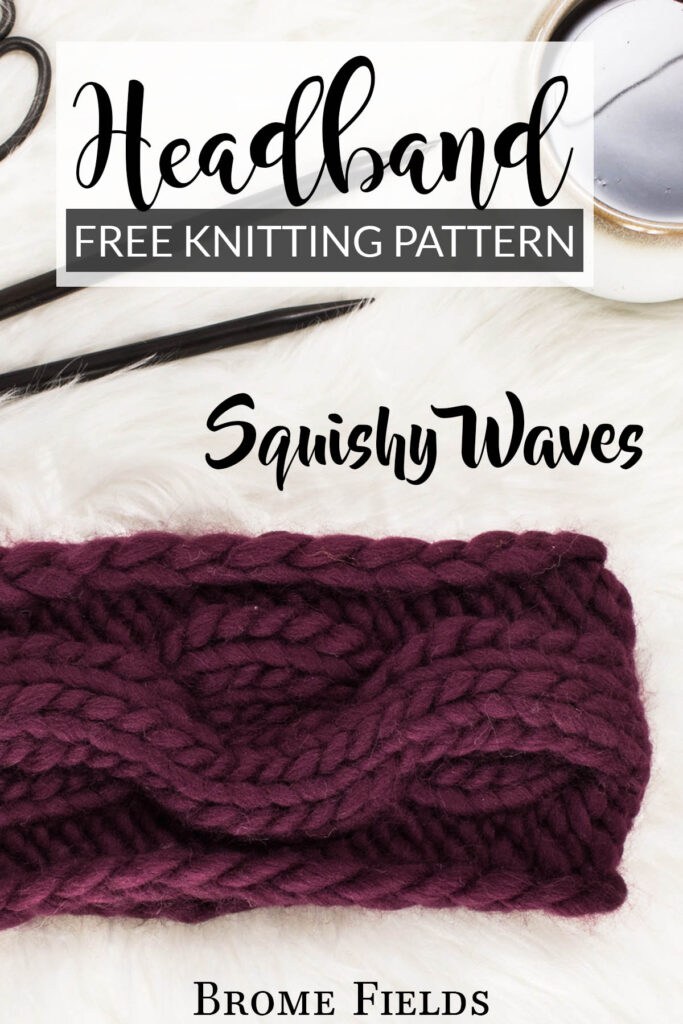 cable knit headband on a fur blanket with knitting needles & a coffee