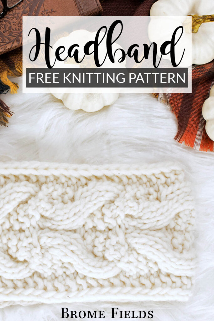 cable knit headband on a fur blanket with pumpkins & a coffee