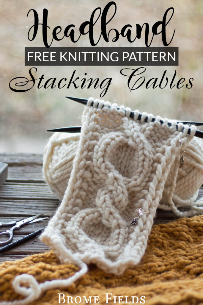 cozy scene of a chunky cable knit headband on a fur blanket with hot tea & knitting needles.