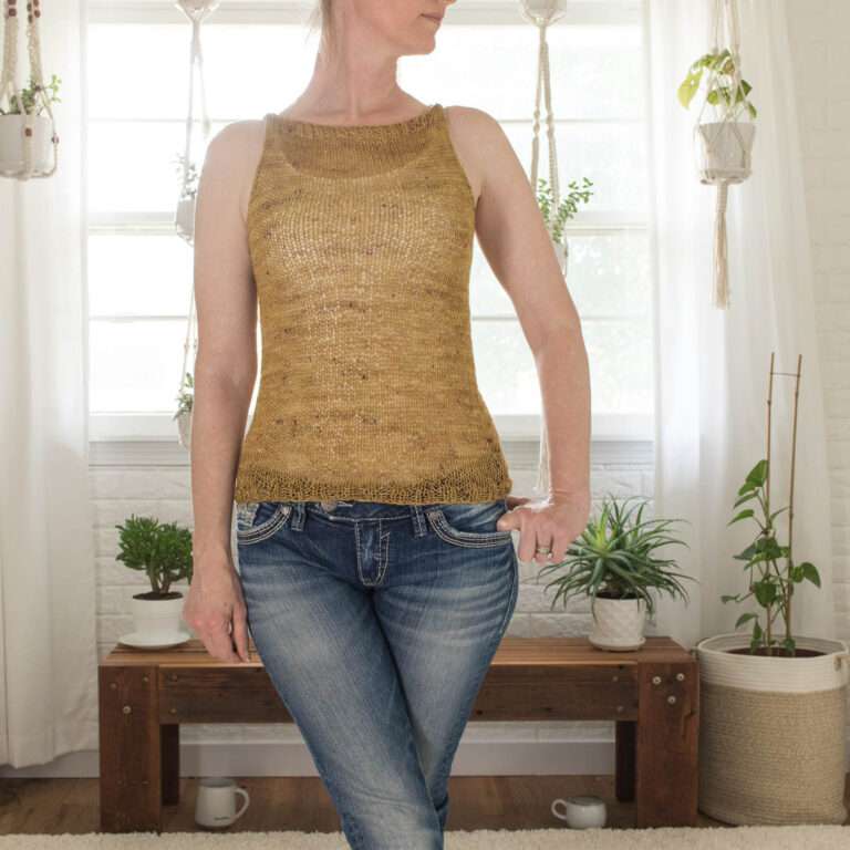 model wearing a handknit tank top