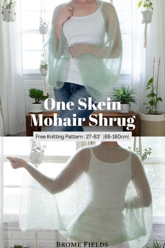 Photos of a lacy hand knit summer shrug on a model.