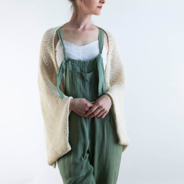 Lightweight summer shrug worn with baggy linen overalls
