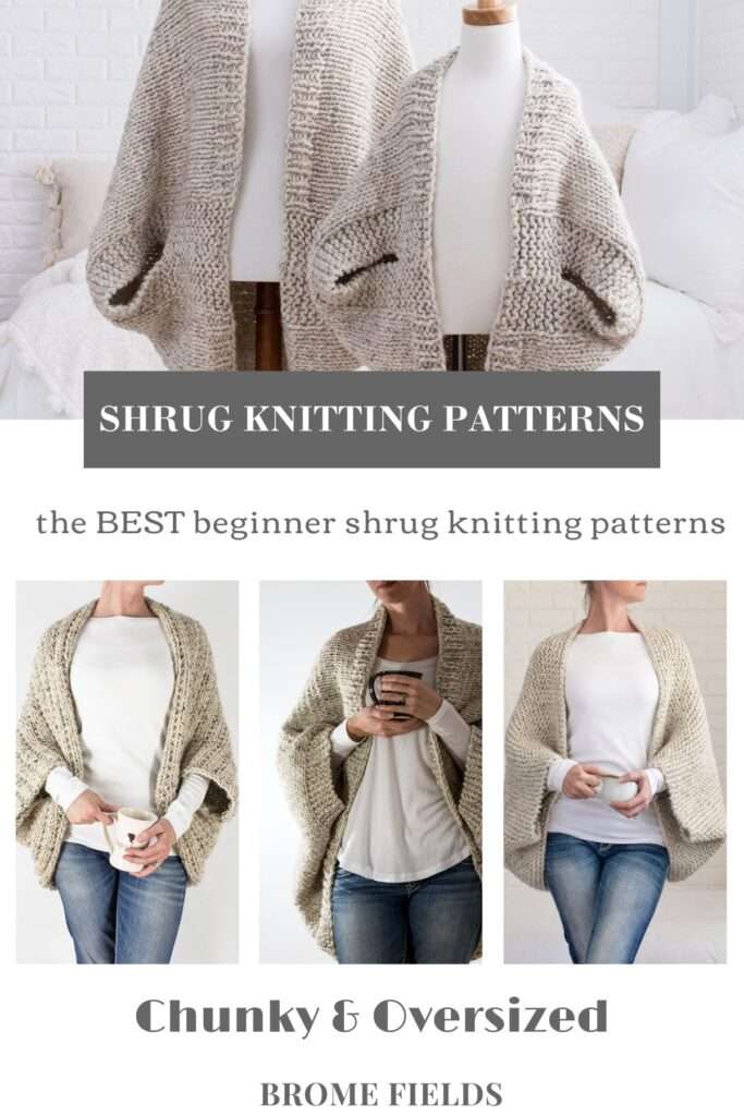 multiple pics of hand knit shrugs on models