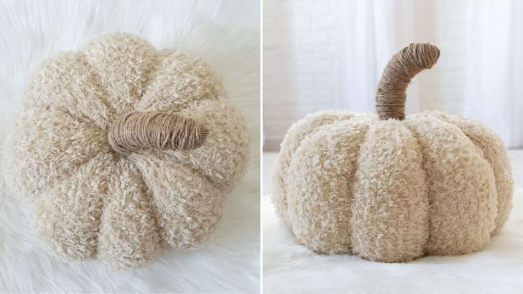 side & top view of a large knit pumpkin with a twine stem