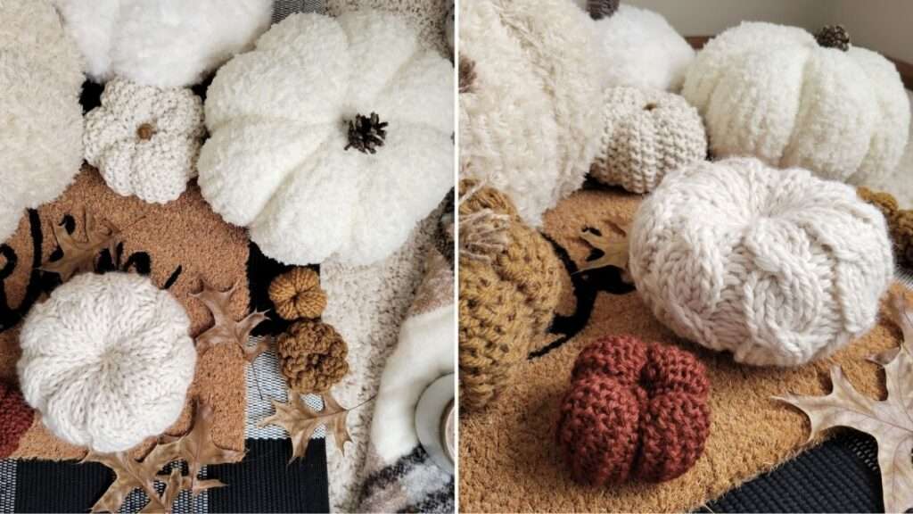 multiple pics of hand knitted pumpkins