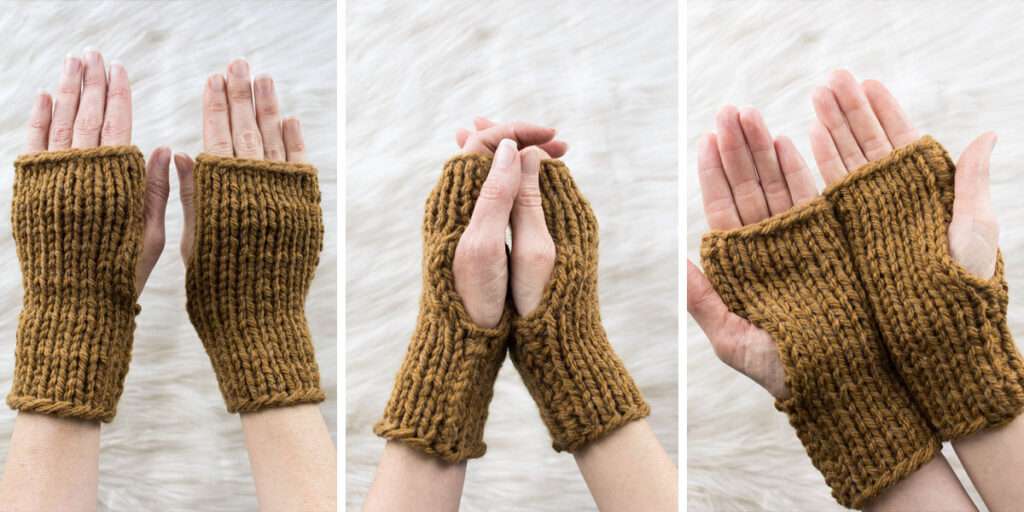 3 pics of a hand model wearing chunky fingerless gloves on a faux fur blanket