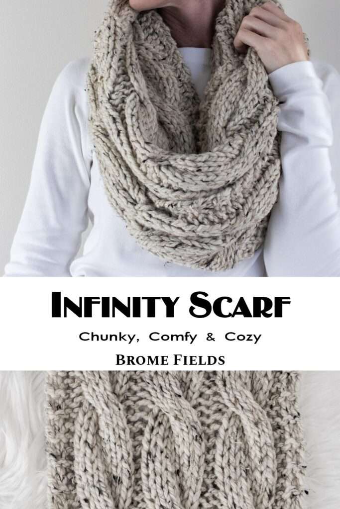model wearing a chunky cable knit infinity scarf & close up of the cables