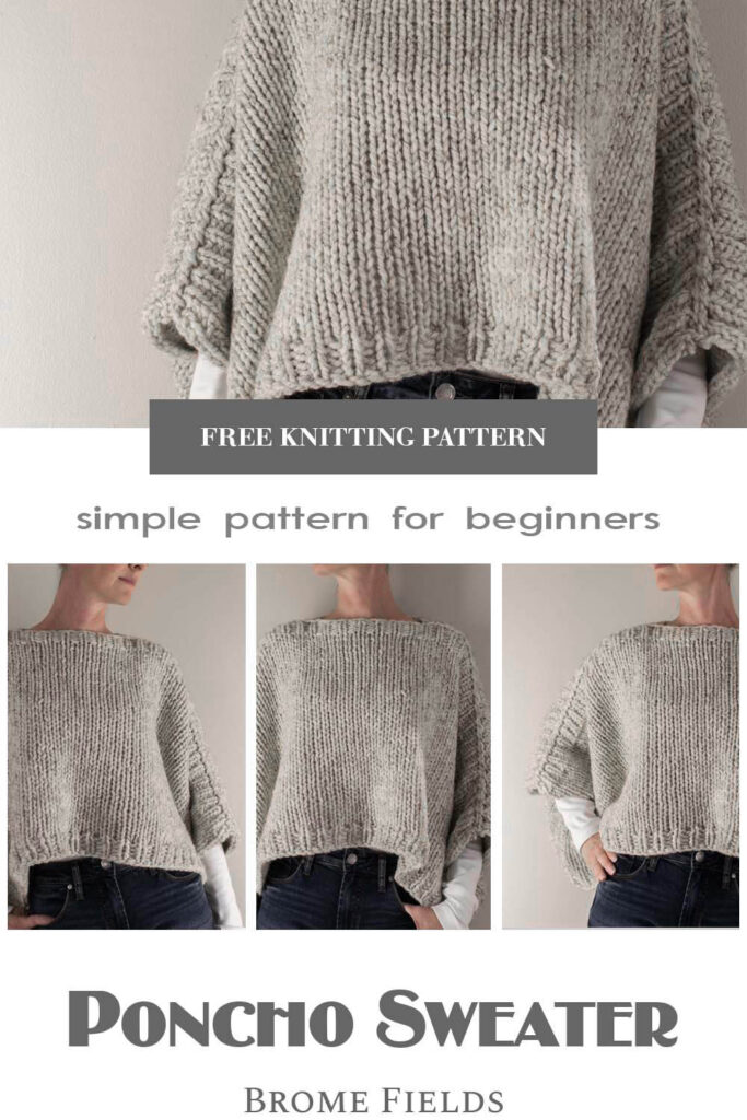 multiple pics of a model wearing a chunky knit poncho sweater