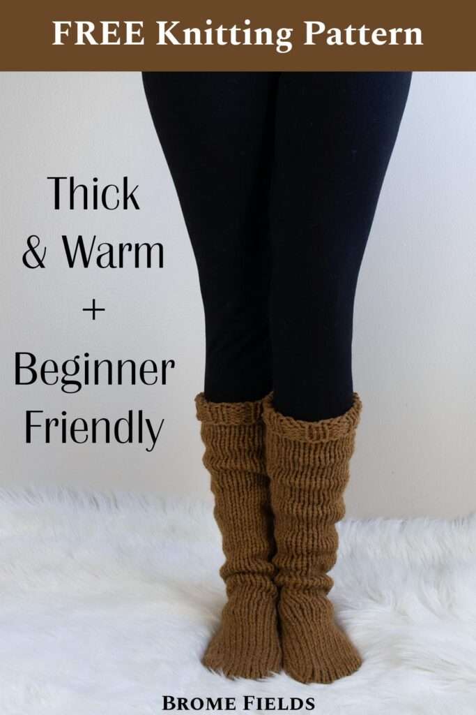 model wearing hand knit thick tall socks