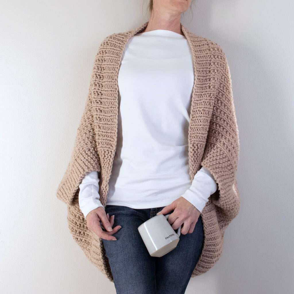 model wearing a hand knitted shrug
