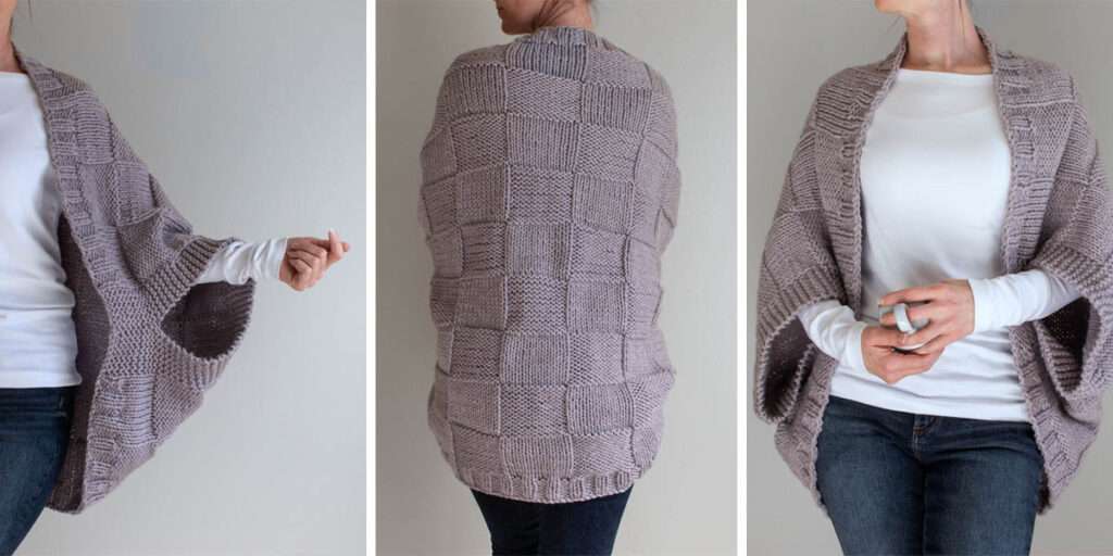multiple pics of a hand knit patchwork shrug