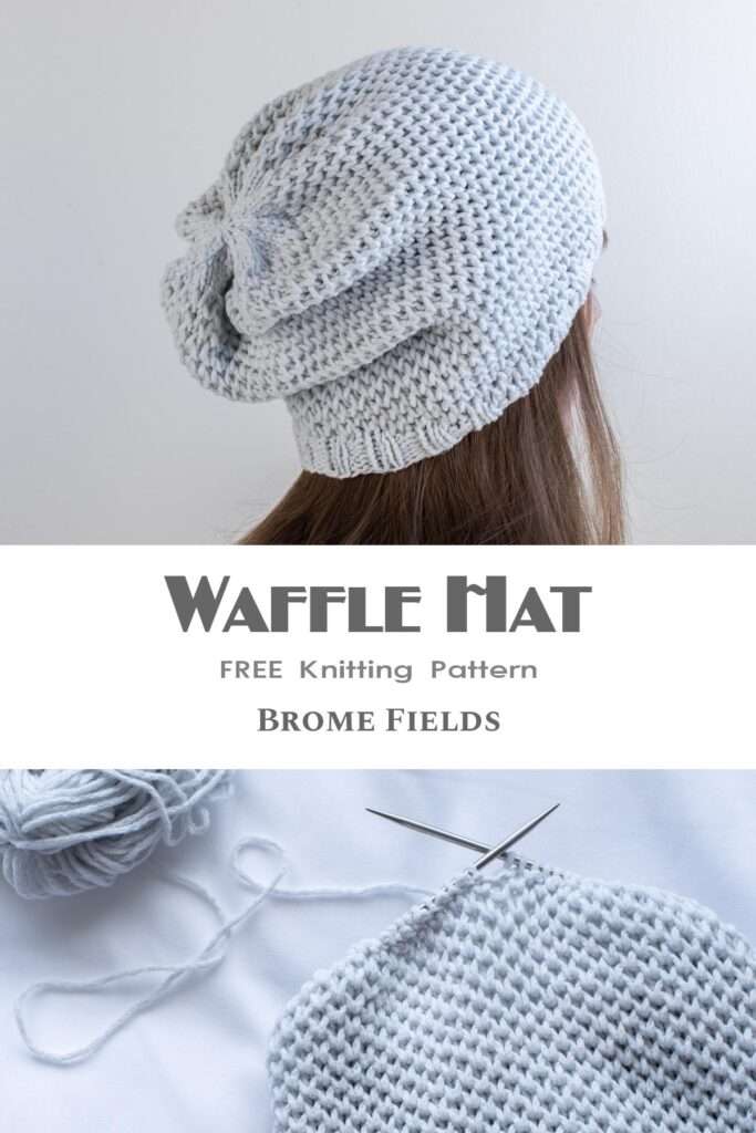 waffle knit hat on a model and one on knitting needles, partially knit