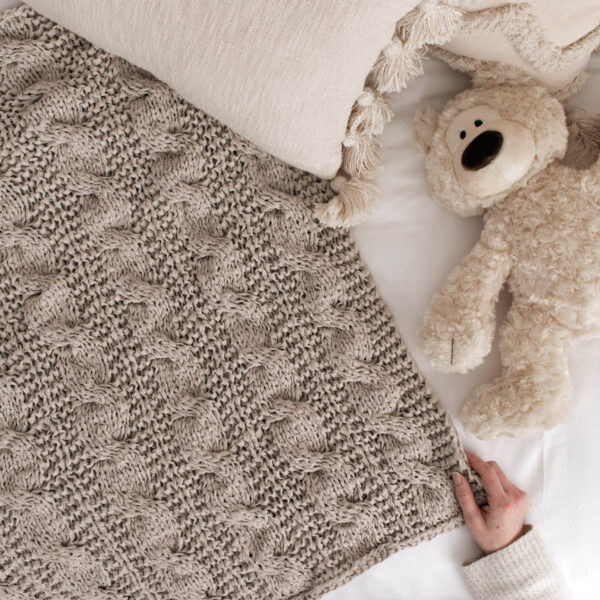 A cable knit blanket laying on a bed with a teddy bear.