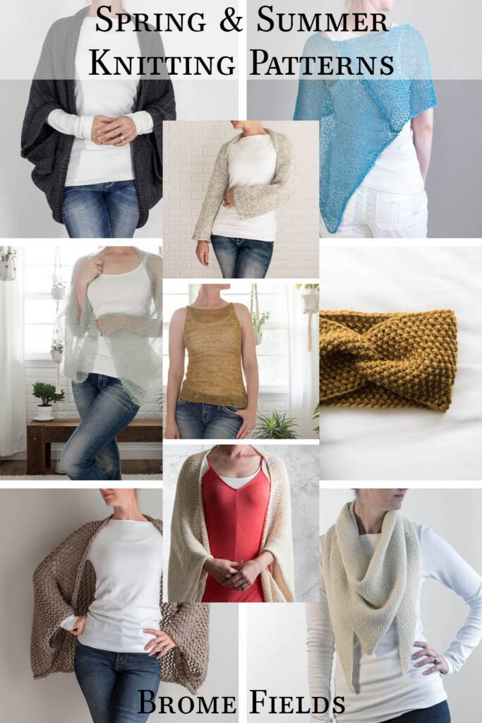 multiple photos of several summer knitting patterns