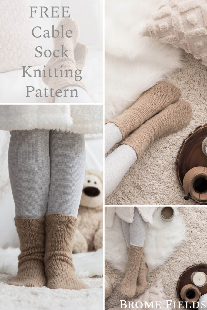 Multiple pics of a Cable Sock Knitting Pattern in a cozy setting with a coffee, pillow and a robe.