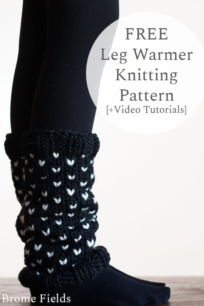 2 color fair isle knitted leg warmers on a model.