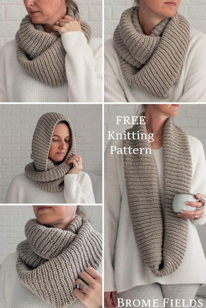multiple pics of a Knitted Infinity Scarf on a model
