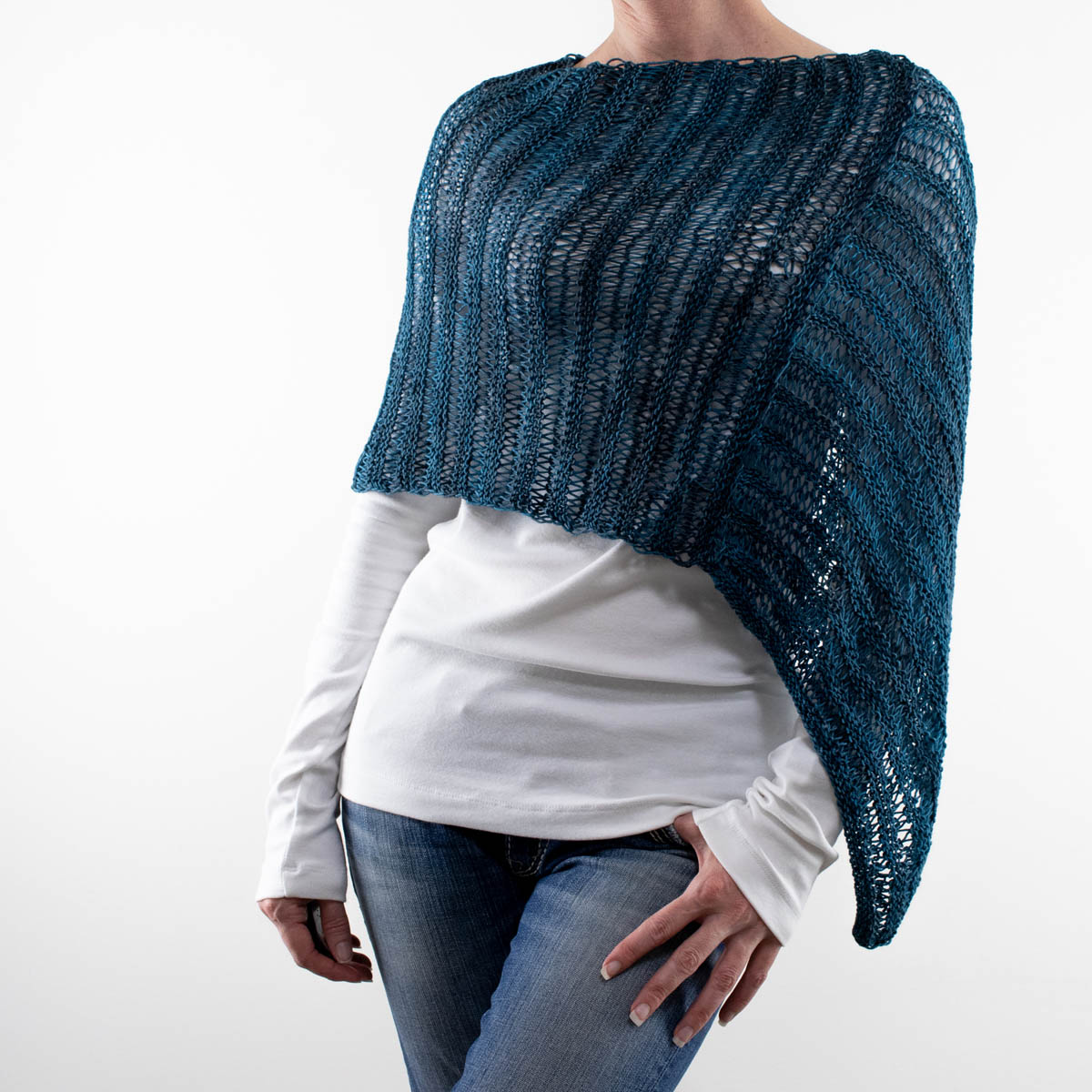 garter stitch knitted poncho on a model