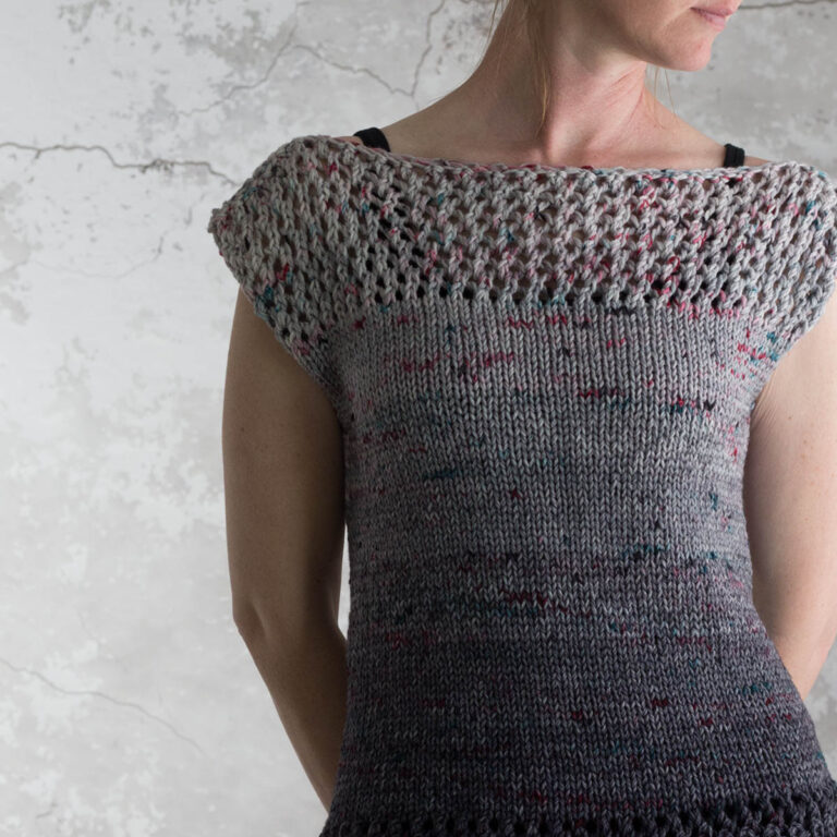 pic of a hand knit lace top on a model