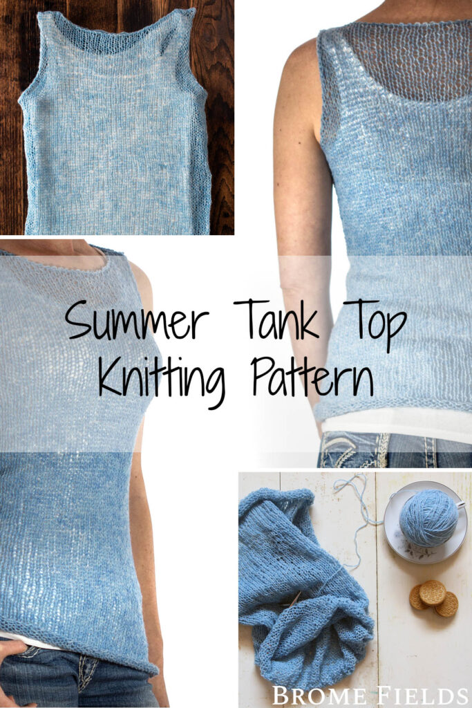 Multiple pics of a tank top knitting pattern on a model, table and unfinished.