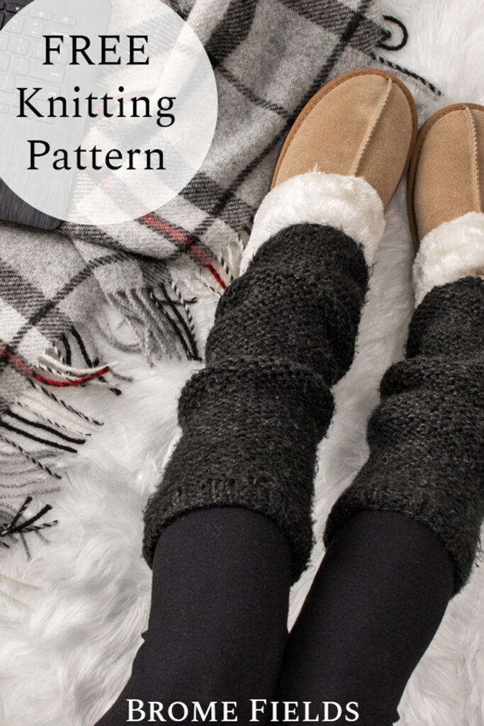 two needle leg warmers on a model a faux fur blanket in a cozy setting