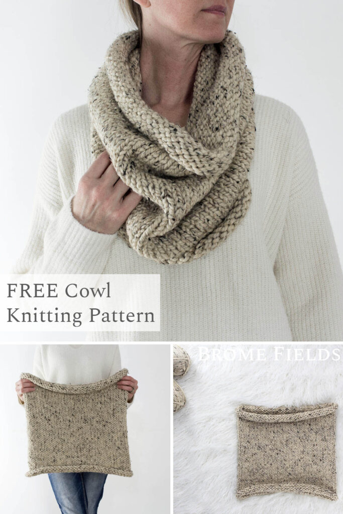 multiple pics of a hand knit chunky stockinette stitch cowl on a model & up-close pics