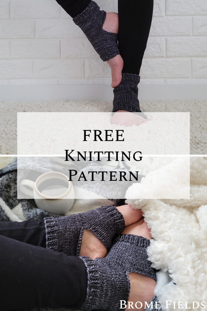 2 pics of a cozy scene of knitted yoga socks on a faux fur blanket with a flannel blanket & cup of coffee.