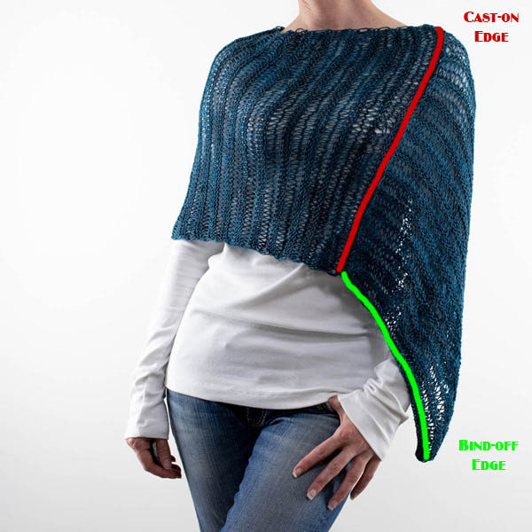 garter stitch knitted poncho on a model marked with seam instructions.