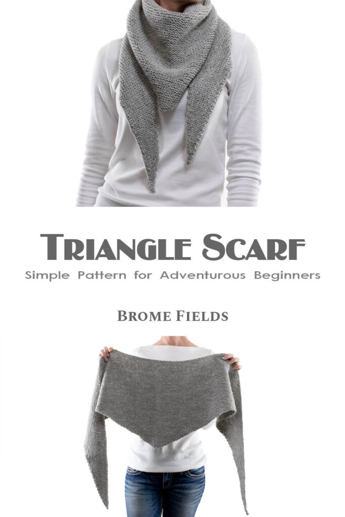 multiple pics of a knitted triangle scarf on a model