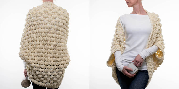 multiple pics of an oversized chunky lace knit shrug on a model.