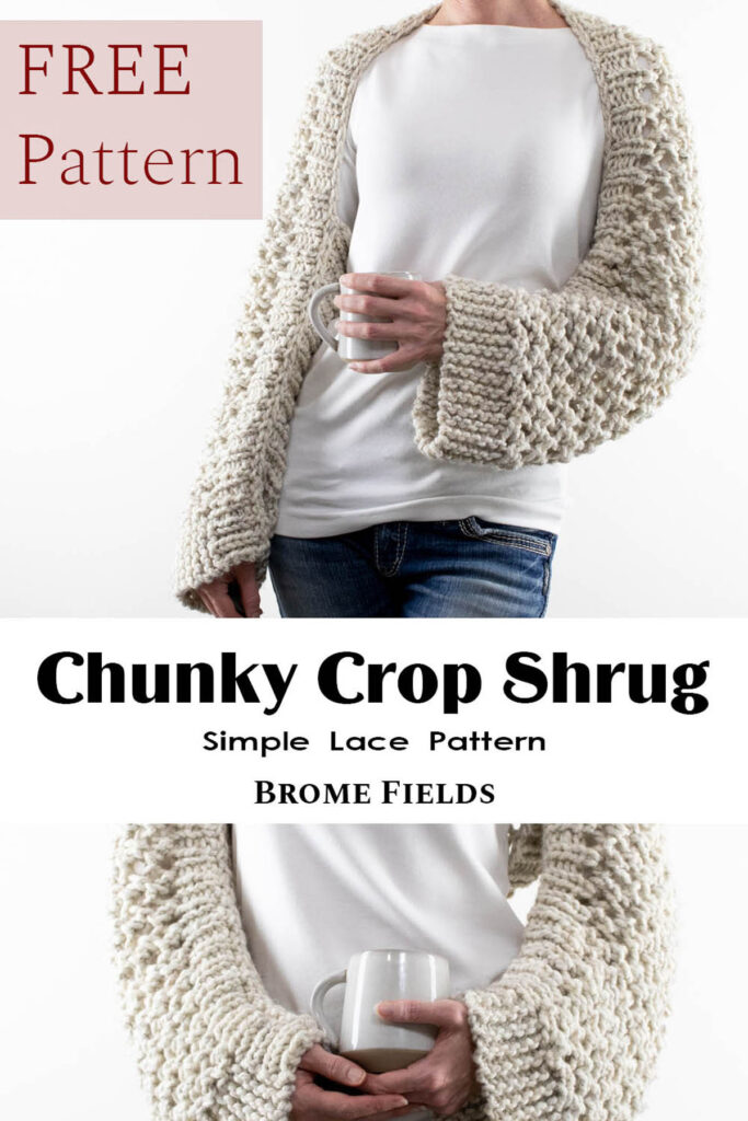 multiple pics of a chunky lace knit crop shrug on a model.