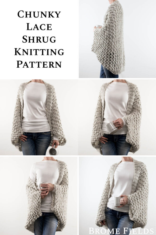 multiple pics of a lace knit scoop shrug on a model