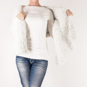 faux fur knitted rectangle shawl on a model.