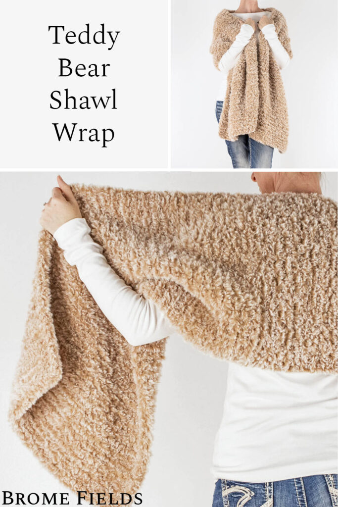 multiple pics of a faux fur knitted rectangle shawl on a model.