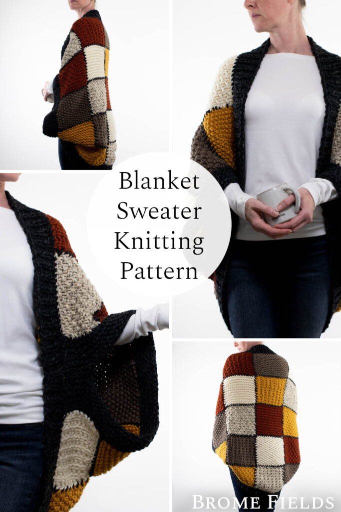 multiple pics of an oversized patchwork knit shrug on a model.