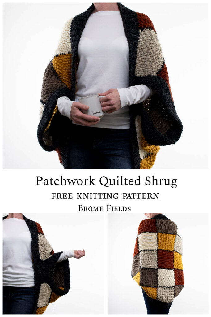 multiple pics of an oversized patchwork knit shrug on a model.