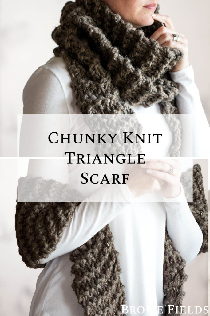 multiple pics of a chunky knit triangle scarf on a model.