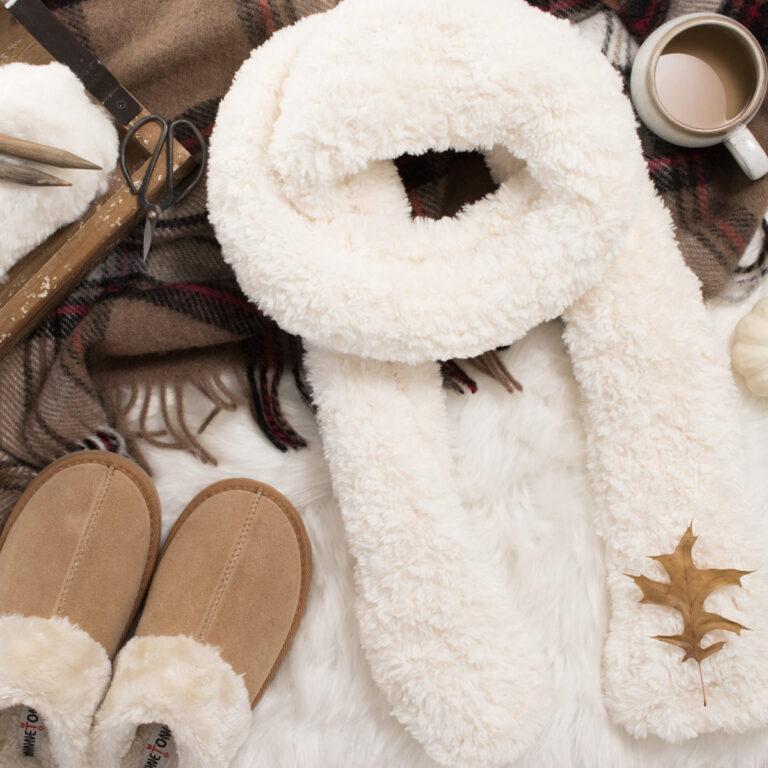 faux fur scarf on a faux fur blanket