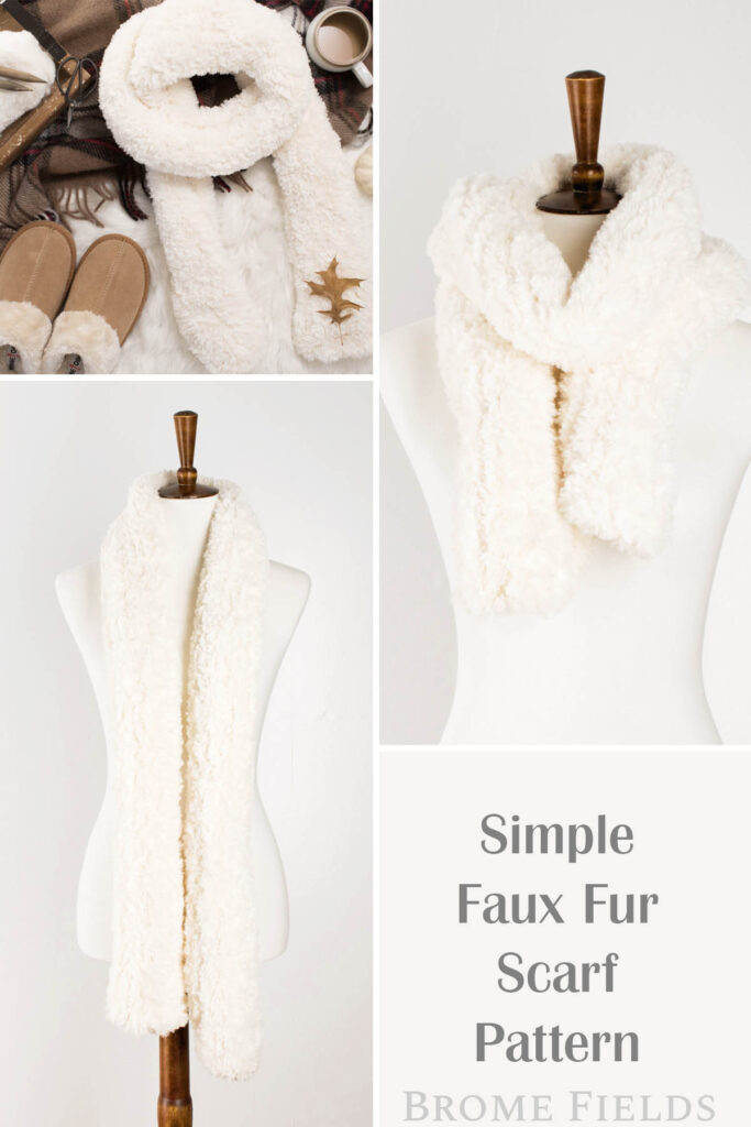 Multiple pics of a faux fur scarf on a dress form