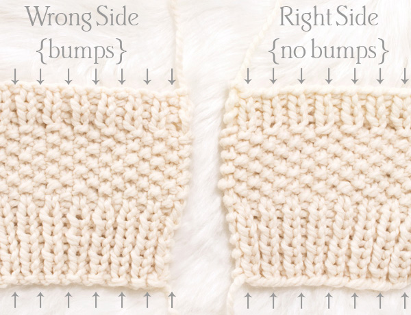 chunky knit fingerless gloves laying on a faux fur blanket showing the front versus the back