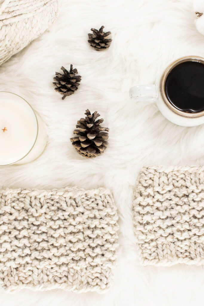 Easy Knit Boot Cuffs laying on a faux fur blanket